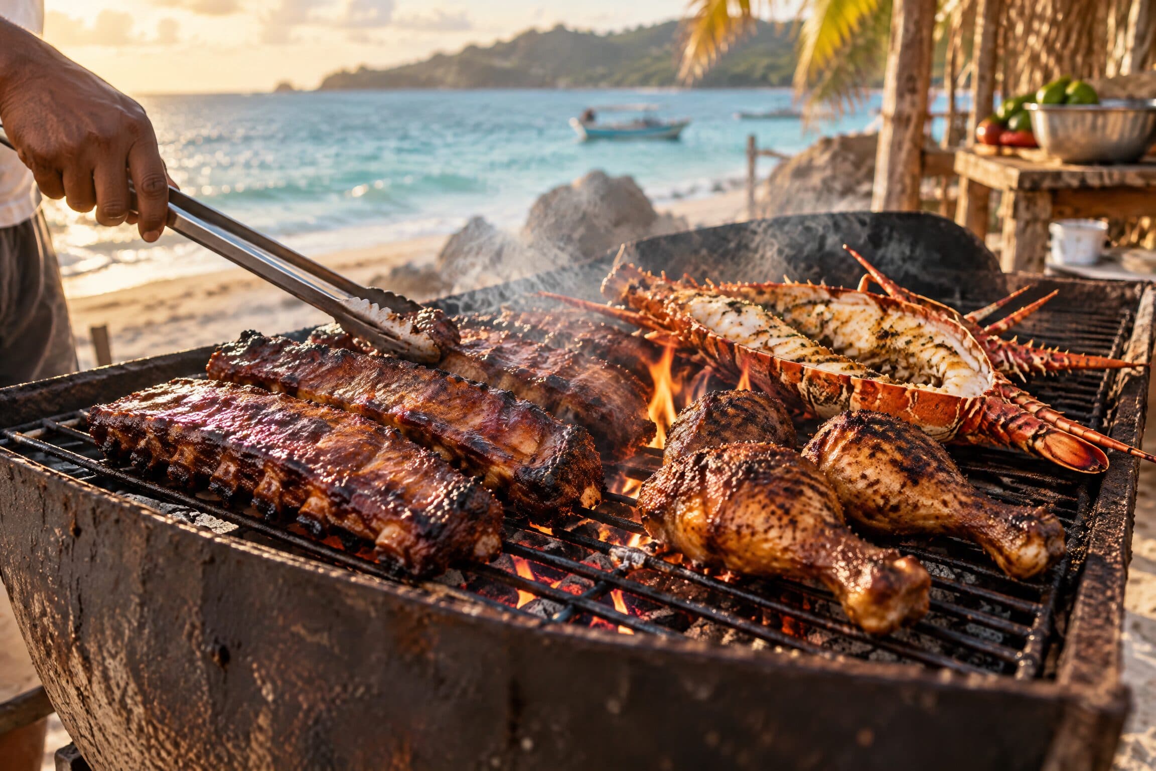 Ribs, cuisses de poulet et langouste sur la grille d’un fût, au-dessus des braises, une main tient la pince, la mer turquoise derrière.