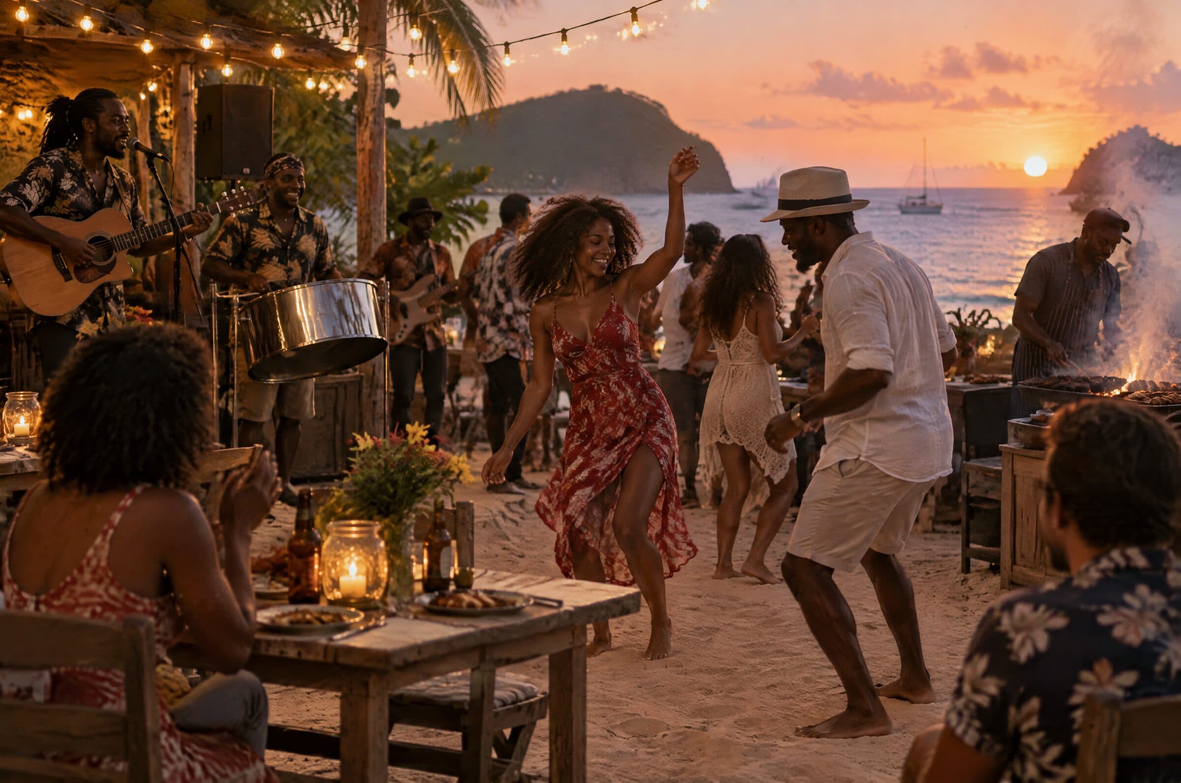 Le dimanche soir sur la plage : un guitariste chante, un joueur de steel drum, un couple danse pieds nus dans le sable sous les guirlandes, le soleil se couche sur la mer.