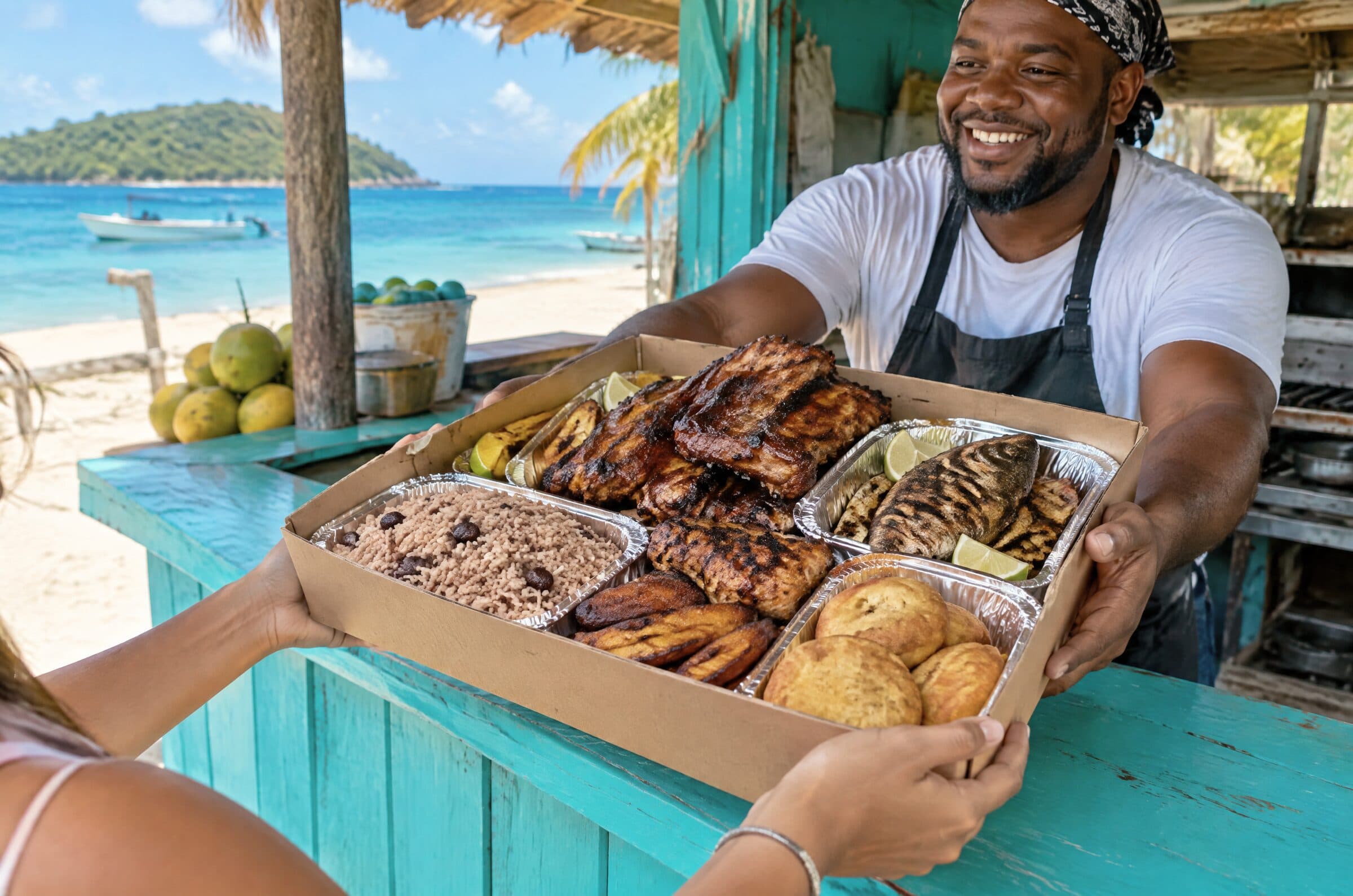 Le cuisinier, souriant, tend par-dessus le comptoir turquoise une barquette de ribs, de poisson grillé, de riz aux pois, de plantain et de johnny cakes.