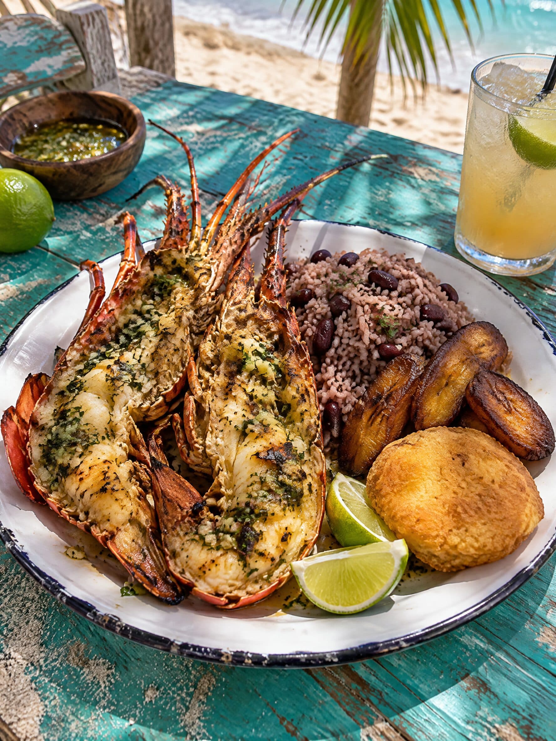 Langouste grillée au beurre d’ail et persil, riz aux pois, bananes plantain, johnny cake et citron vert, sur une table turquoise au bord de la plage.