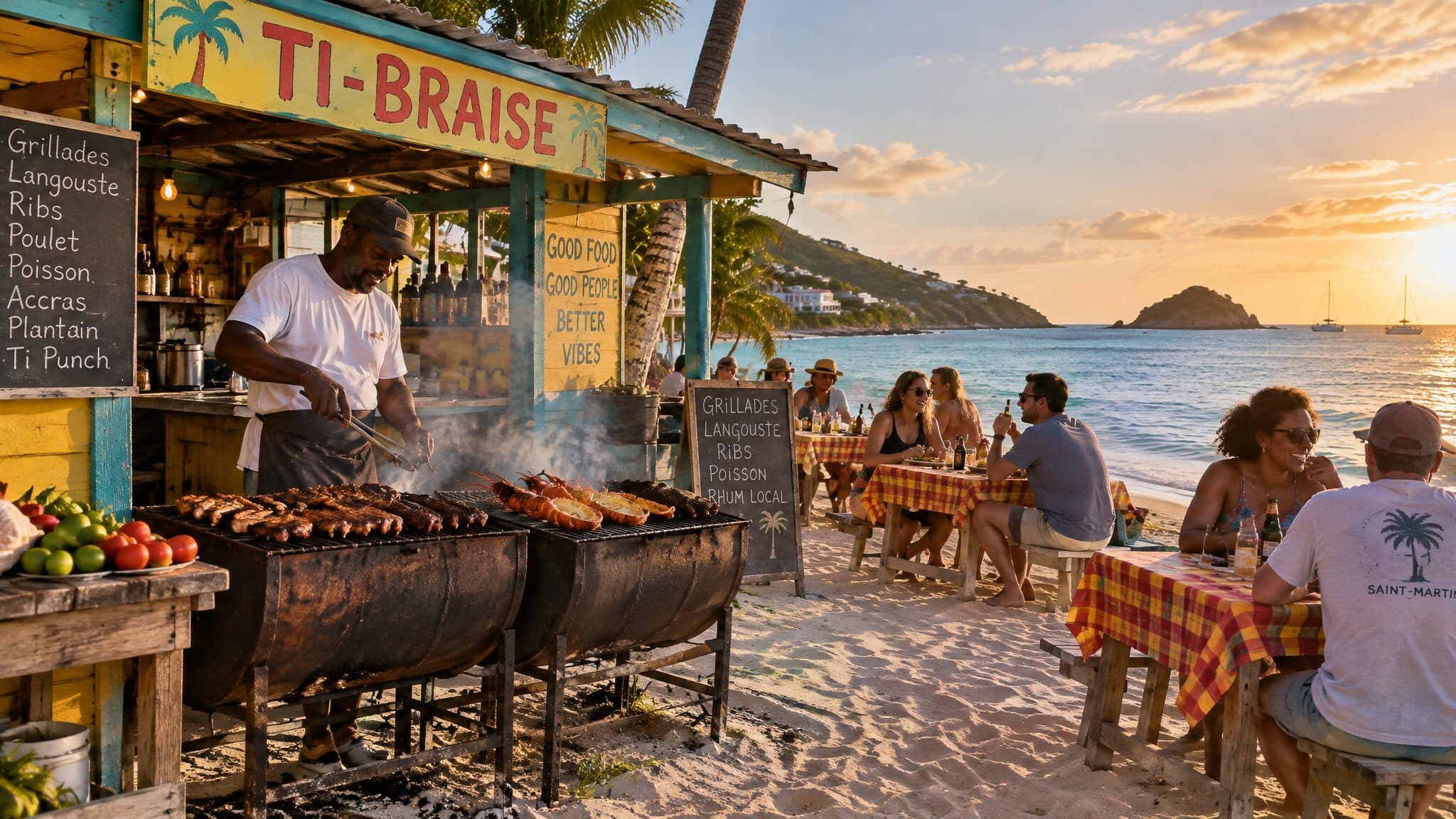 La baraque Ti-Braise au coucher du soleil : le cuisinier retourne ribs et langoustes sur deux fûts de barbecue, des tables en madras dans le sable, la mer et un rocher au large.