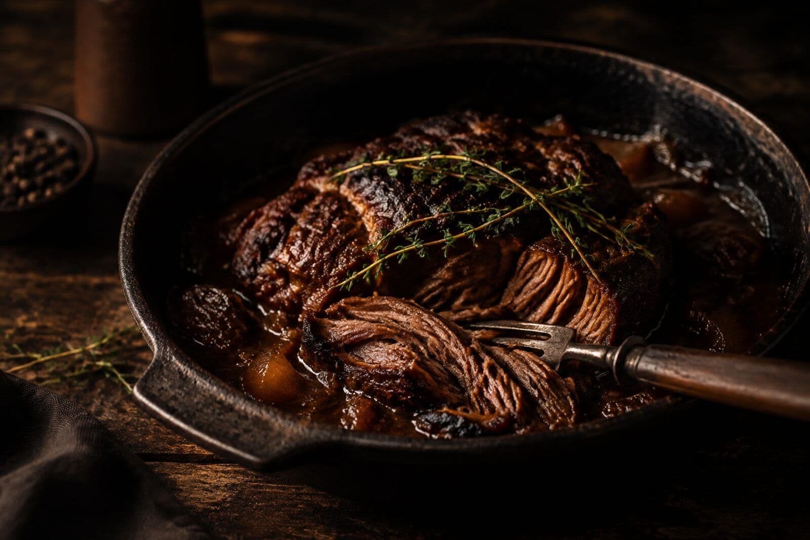 Viande braisée longuement, sortie du feu.