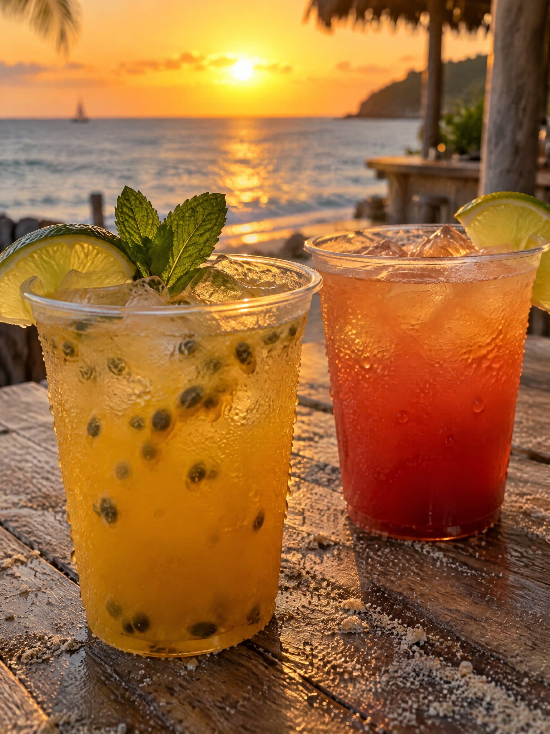 Un jus de maracudja et un planteur glacés sur une table en bois pleine de sable, le soleil se couche sur la mer.